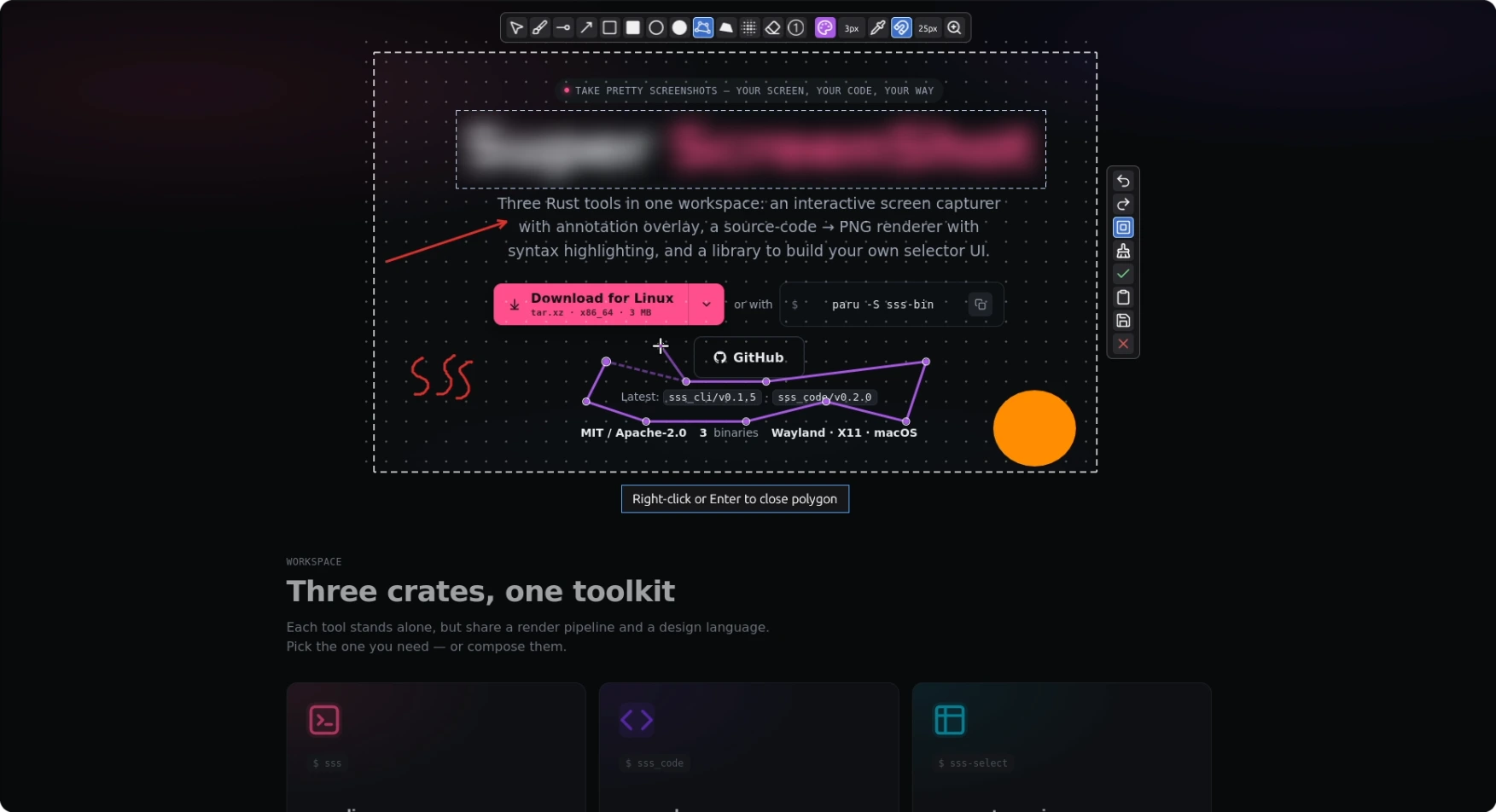 sss tools in action — capture, annotate, render code